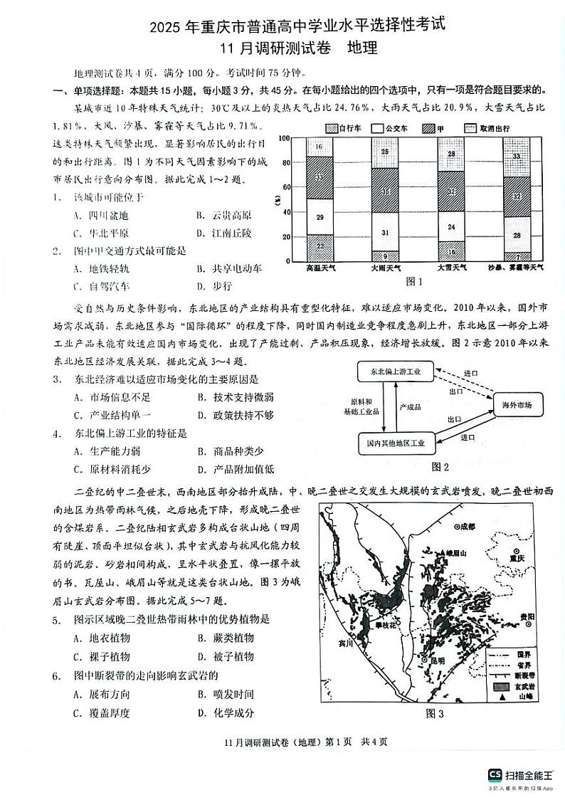 重庆市2024-2025学年高三上学期11月调研测试地理试题第1页