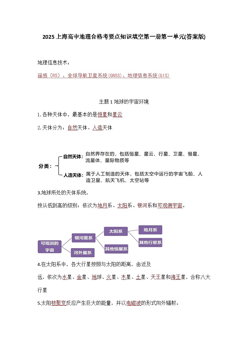 2025上海高中地理合格考——要点知识填空第一册第一单元（主题1-3）学案（答案版）第1页