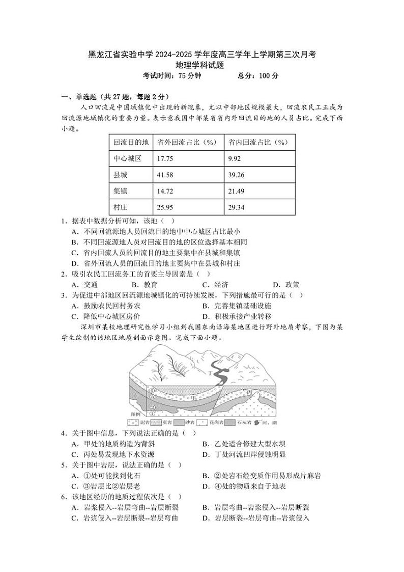 2024～2025学年黑龙江省实验中学高三(上)第三次月考地理试卷(含答案)第1页