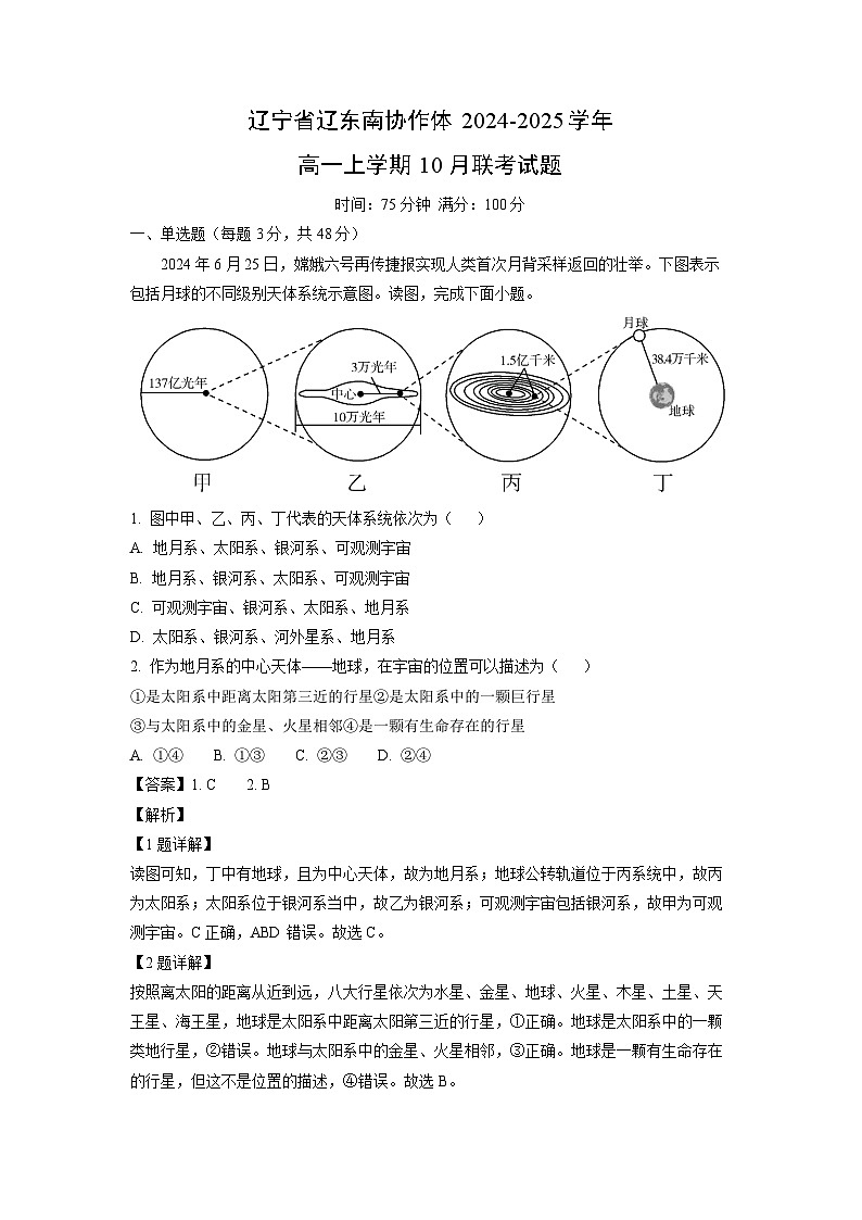 2024~2025学年辽宁省辽东南协作体高一上学期10月联考地理试卷(解析版)第1页