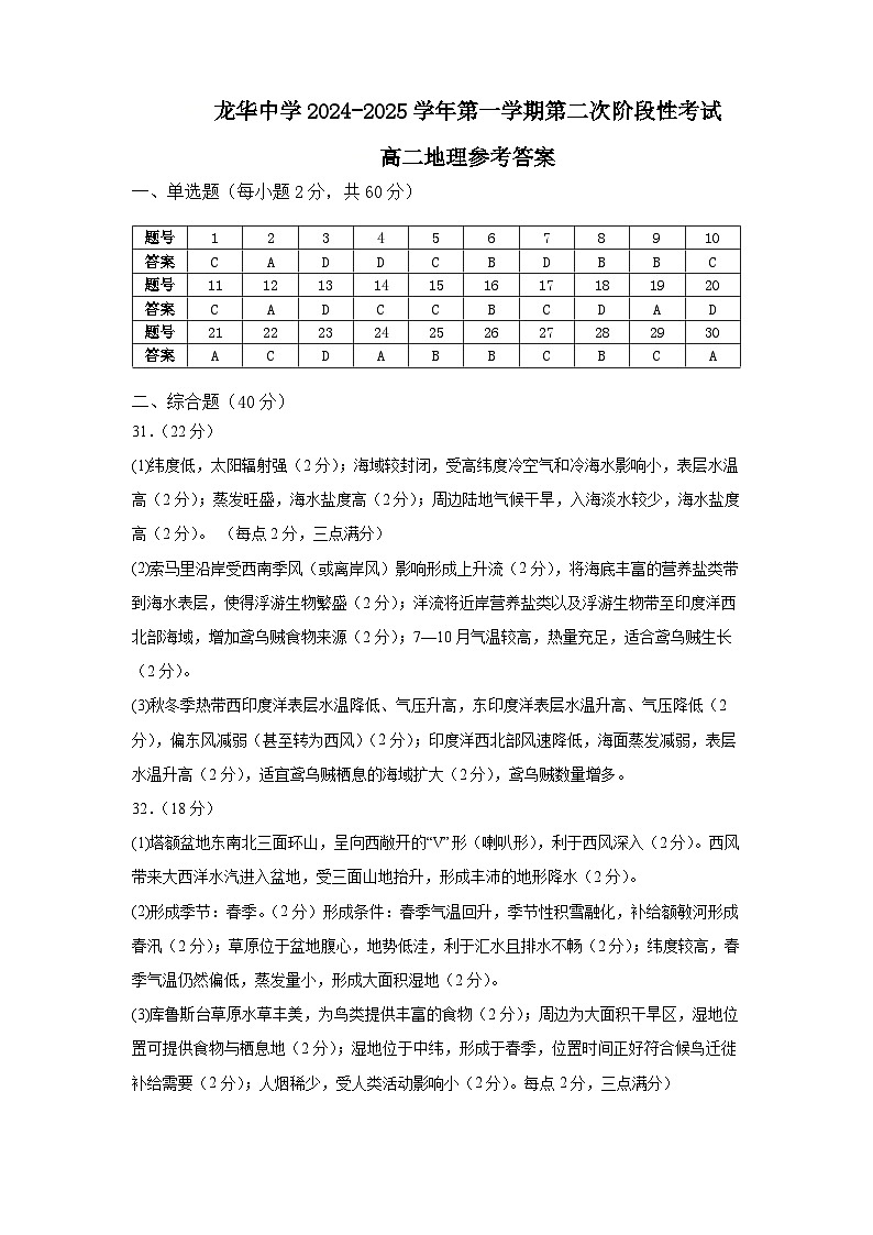 龙华中学2024-2025年第一学期第二次阶段考高二地理答案第1页