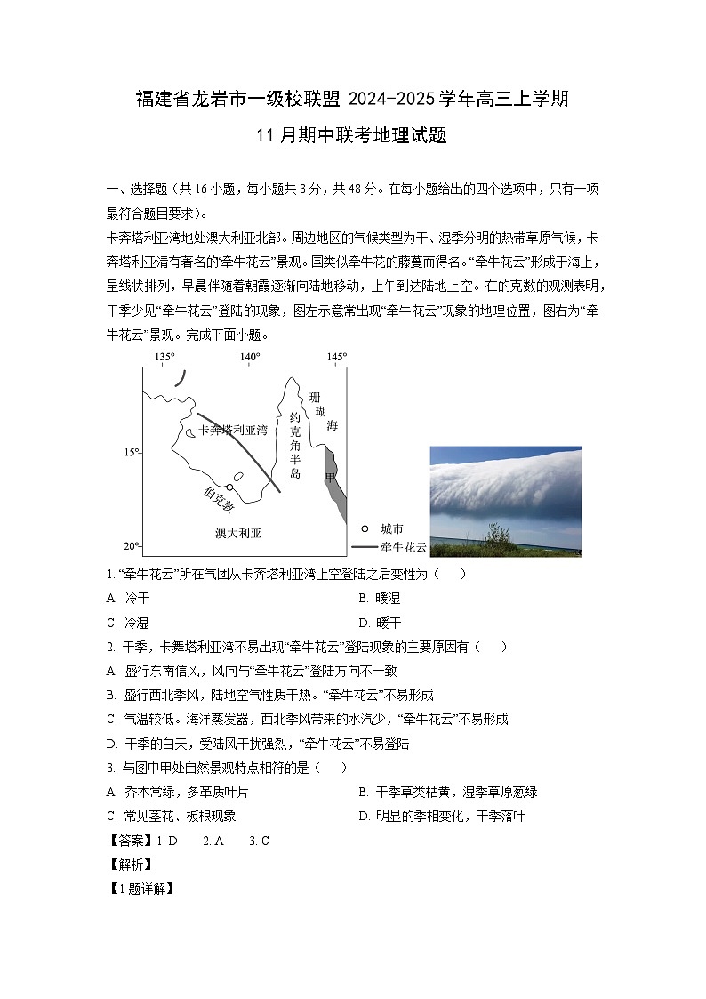 2024-2025学年福建省龙岩市一级校联盟高三(上)11月期中联考地理试卷(解析版)第1页