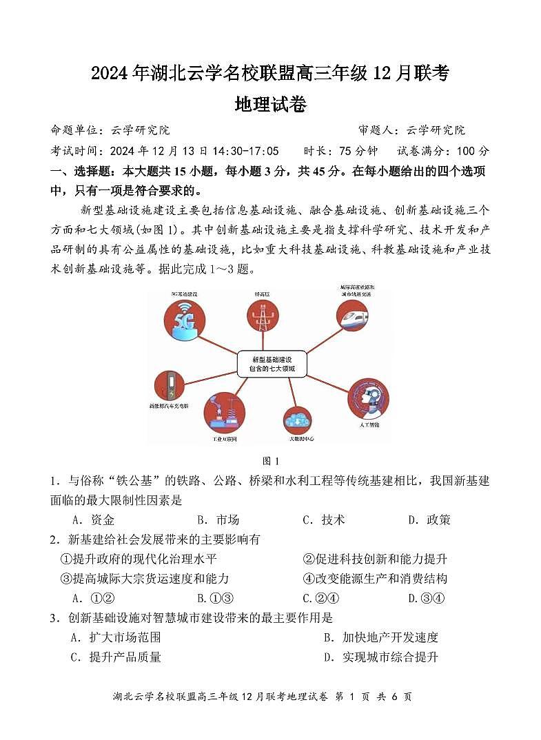 湖北云学名校联盟2025届高三年级12月联考地理第1页