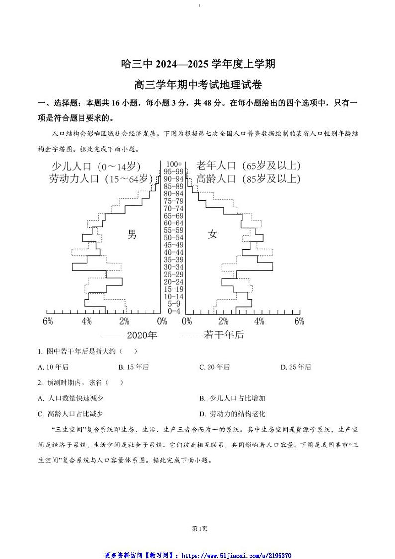 2024～2025学年黑龙江省哈尔滨市第三中学高三(上)期中地理试卷(含答案)第1页