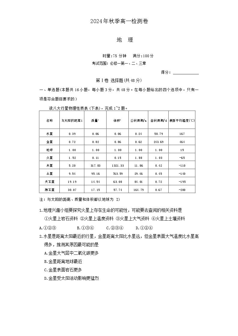 2025长沙长郡中学高一上学期12月月考地理试题无答案第1页