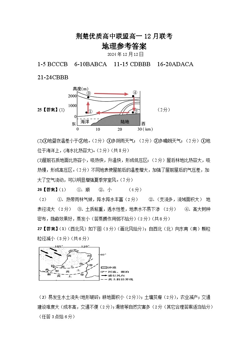 湖北省荆楚优质高中联盟2024-2025学年高一上学期12月联考地理试题答案 (3)(1)第1页
