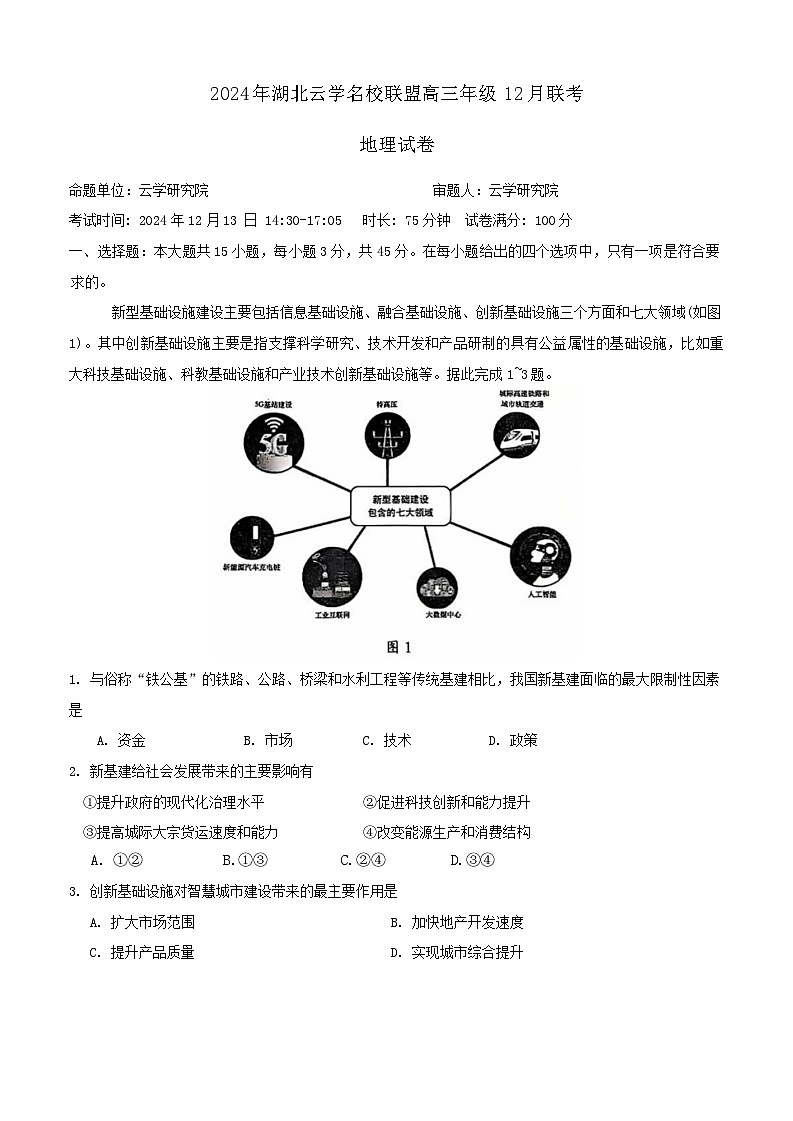 湖北省湖北云学部分重点高中2024-2025学年高三上学期12月联考地理试题第1页