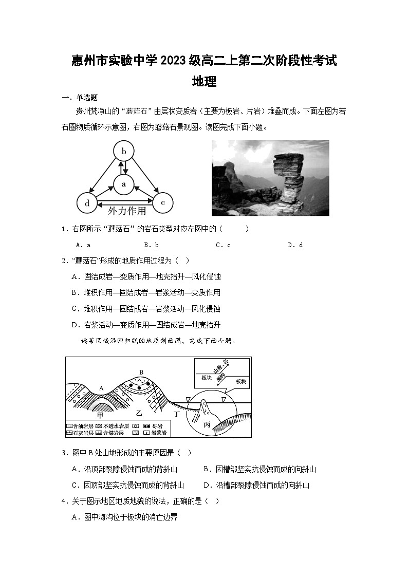 惠州市实验中学2023级高二上第二次阶段性考试地理试卷第1页