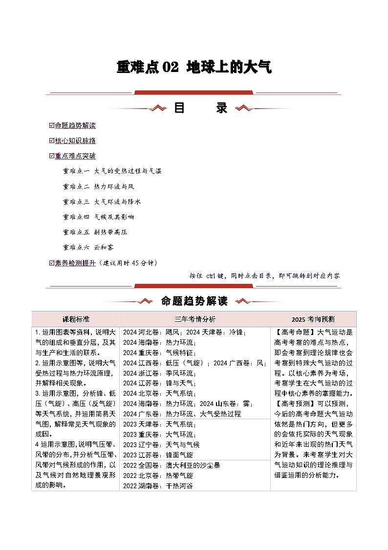 重难点02  地球上的大气（原卷版）-2025年高考地理 热点 重点 难点 专练（新高考通用）第1页