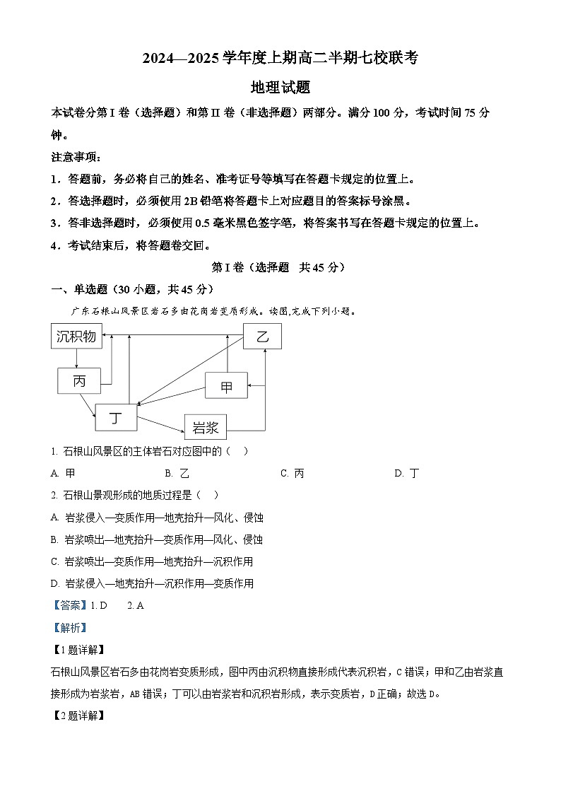 重庆市铜梁中学、江津中学等7校2024-2025学年高二上学期12月联考地理试题 Word版含解析第1页
