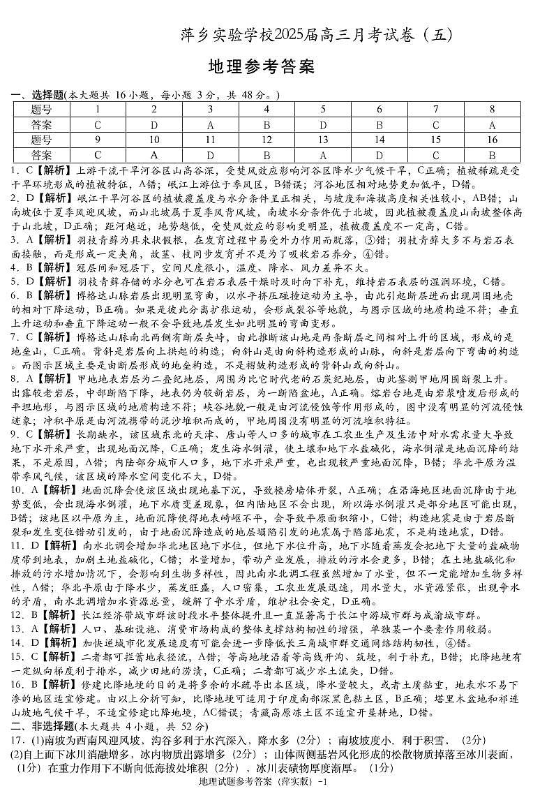 江西省萍乡市萍乡中学2025届高三上学期月考卷（五）地理答案第1页