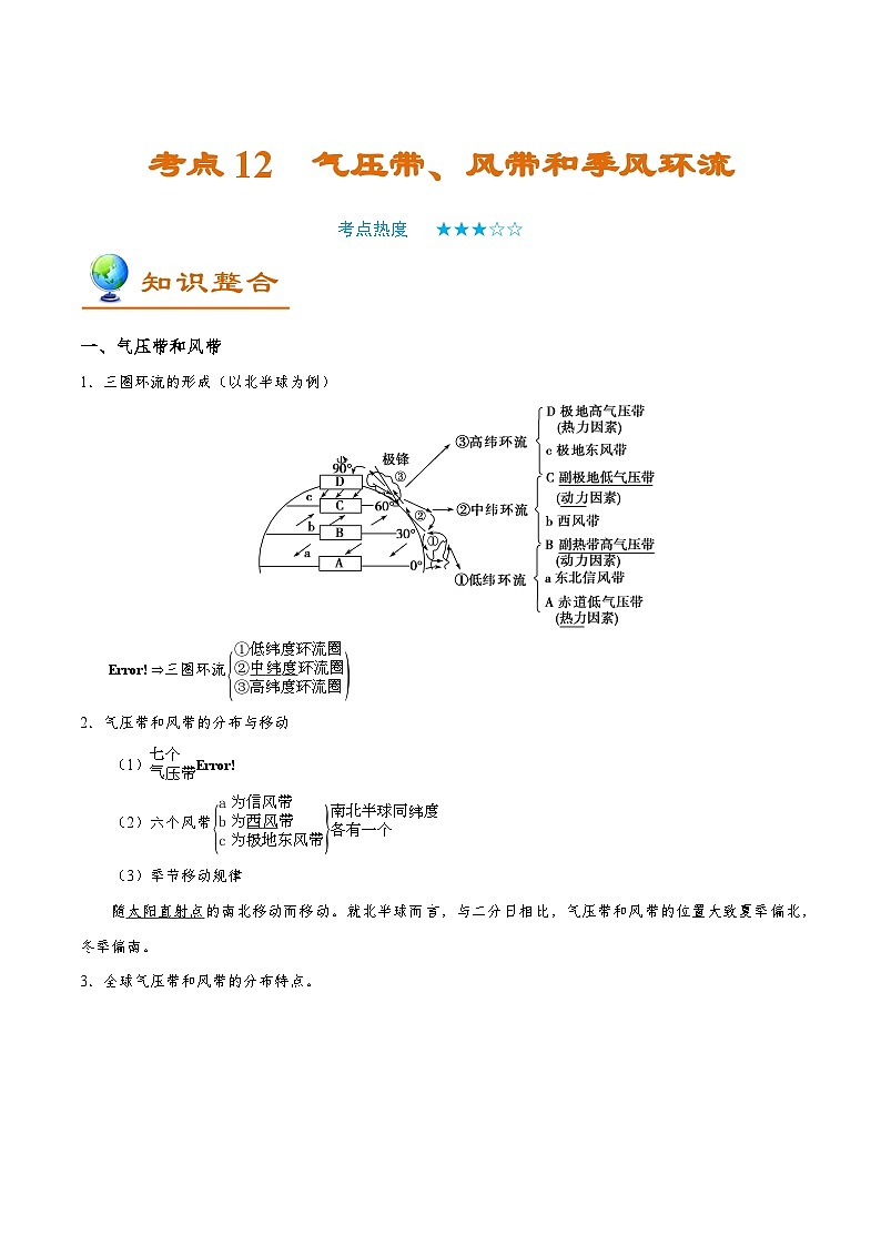 备战2025年高考地理考点一遍过学案考点12气压带、风带和季风环流（附解析）第1页