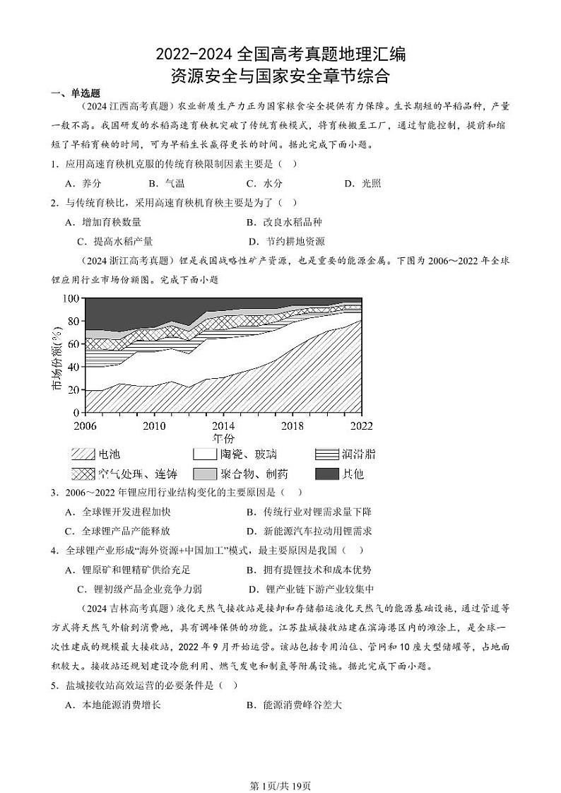 2022-2024全国高考真题地理汇编：资源安全与国家安全章节综合第1页