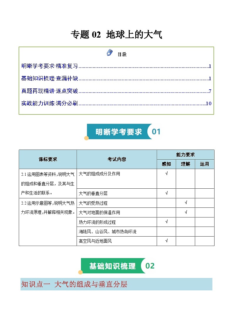 专题02 地球上的大气（知识梳理+真题再现精讲+实战训练）（原卷版）第1页