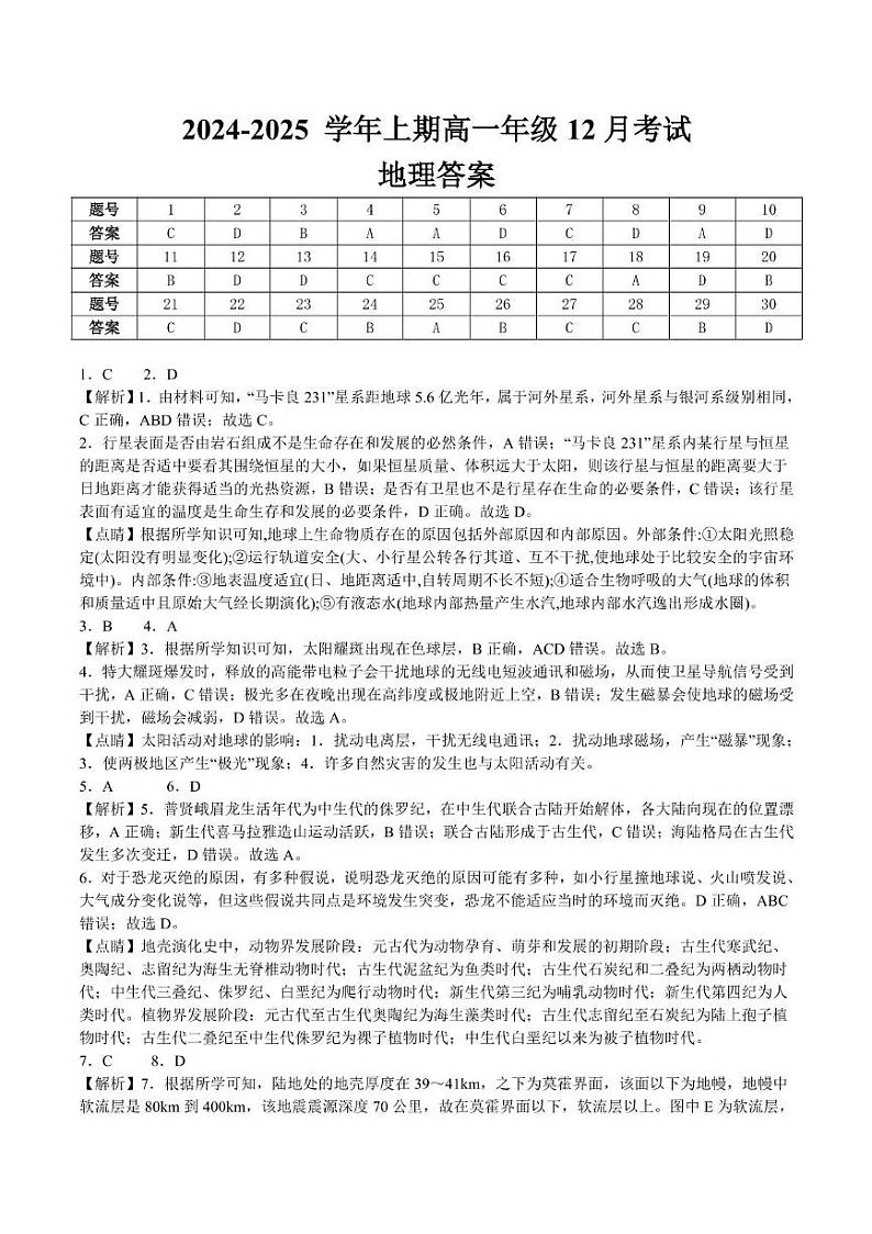 重庆市南坪中学校2024-2025学年上期12月考高一地理试题 高一上12月月考地理答案（详解）第1页