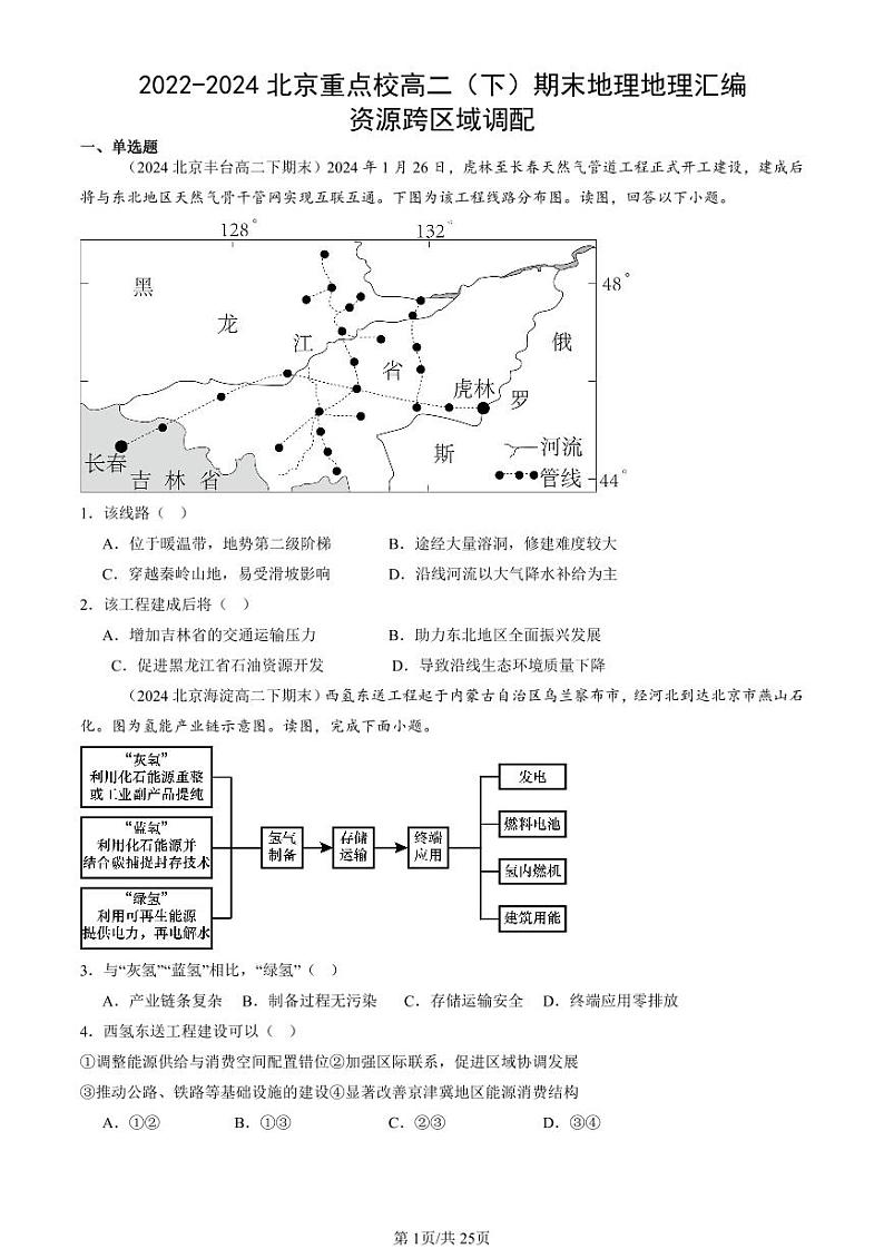 2022-2024北京重点校高二（下）期末真题地理地理汇编：资源跨区域调配第1页