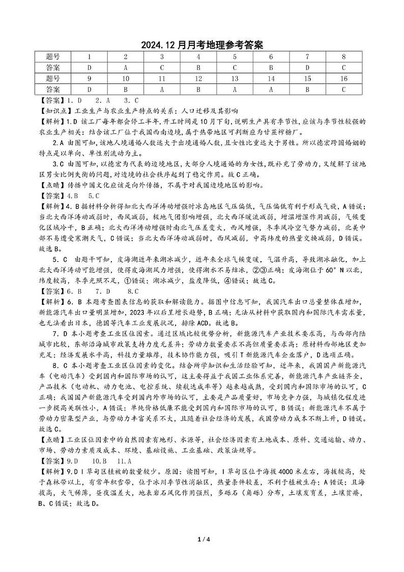 成都石室中学 2025 年高考适应性测试演练模拟考试 地理答案第1页