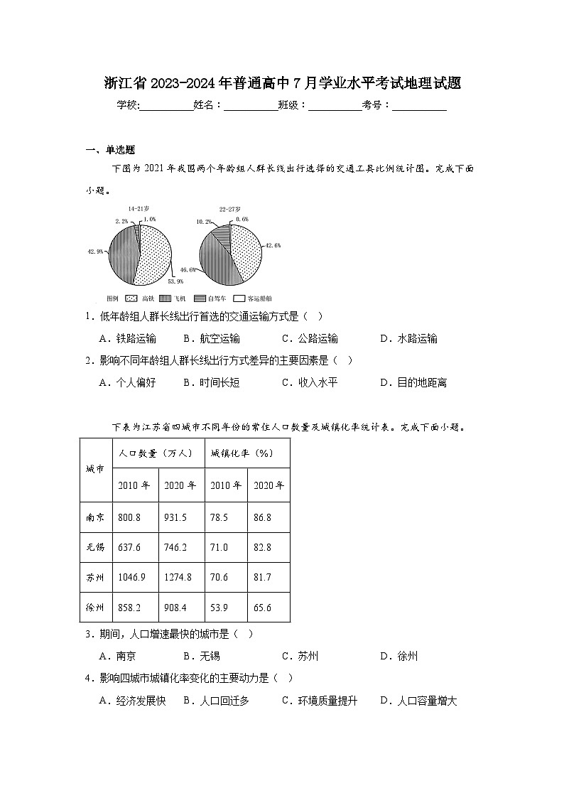 浙江省2023-2024年普通高中7月学业水平考试地理试题第1页