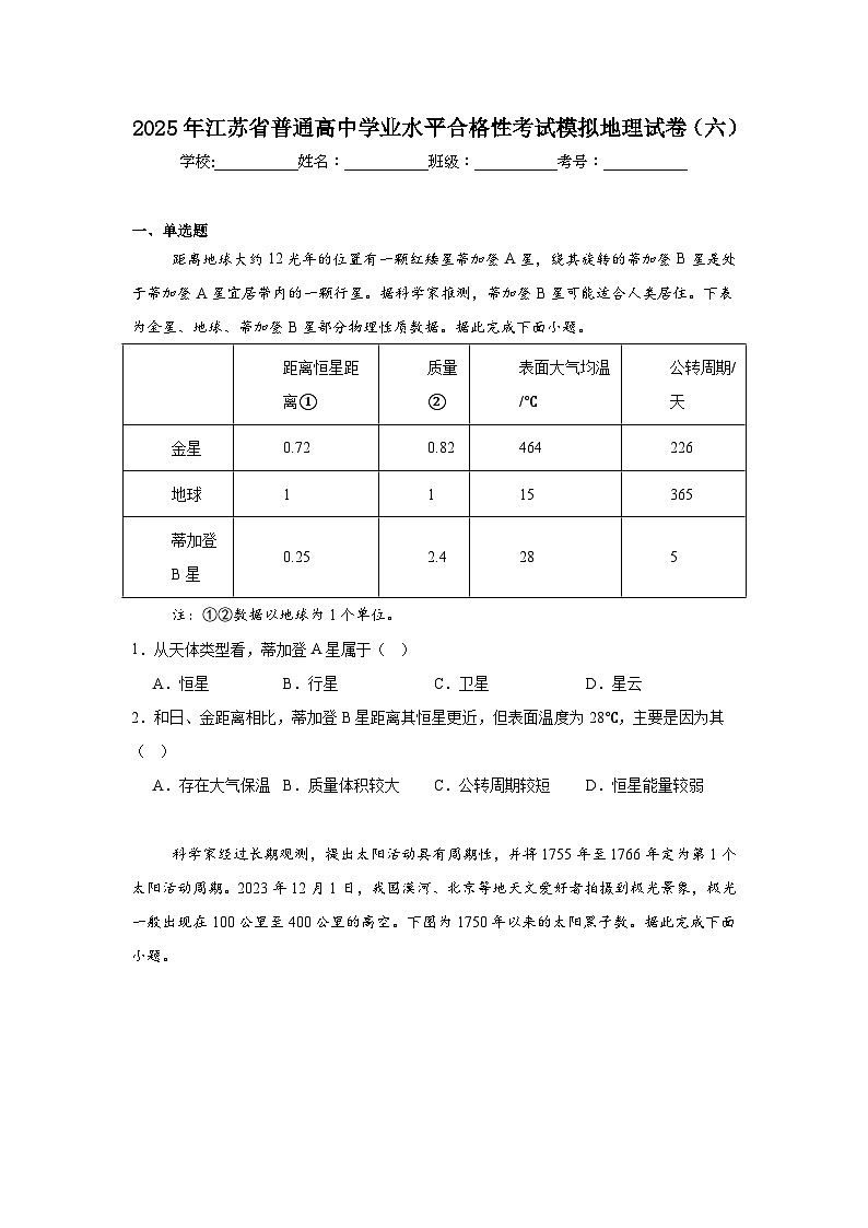 2025年江苏省普通高中学业水平合格性考试模拟地理试卷（六）第1页