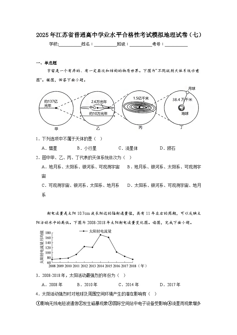 2025年江苏省普通高中学业水平合格性考试模拟地理试卷（七）第1页