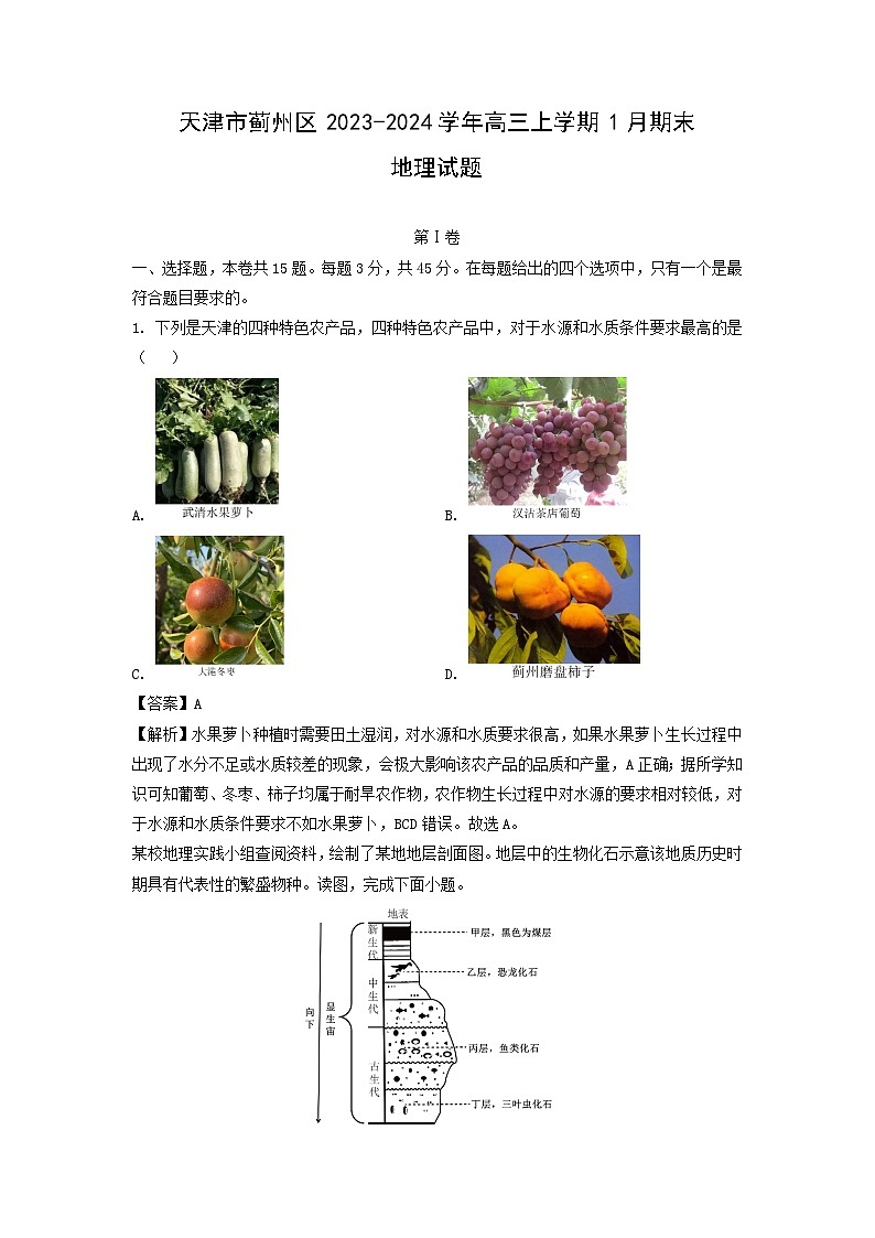 天津市蓟州区2023-2024学年高三（上）1月期末地理试卷（解析版）第1页