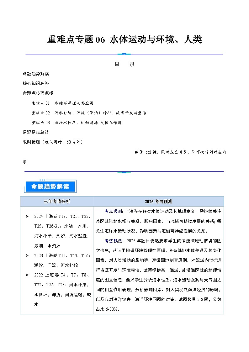重难点专题06  水体运动与环境、人类-2025年高考地理 热点 重点 难点 专练（上海专用）（原卷版）第1页