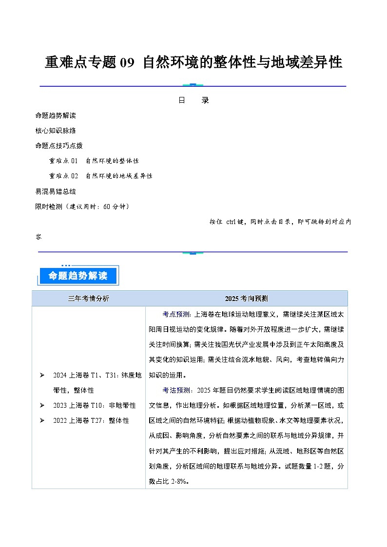 重难点专题09  自然环境的整体性与地域差异性-2025年高考地理 热点 重点 难点 专练（上海专用）（解析版）第1页