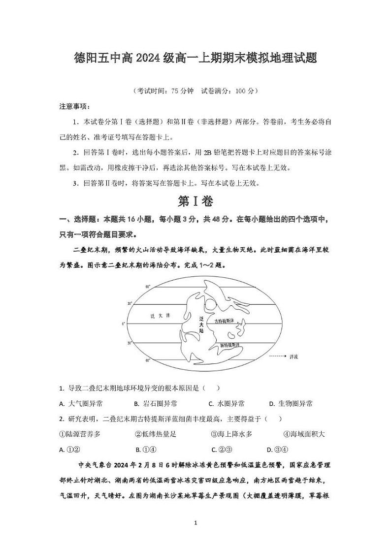 四川省德阳市第五中学2024-2025学年高一上学期期末模拟地理试题第1页