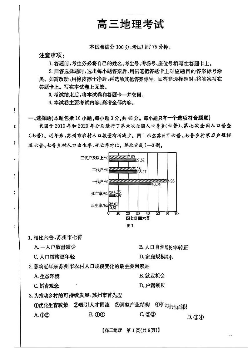 青海省部分学校2025届高三12月联考地理第1页