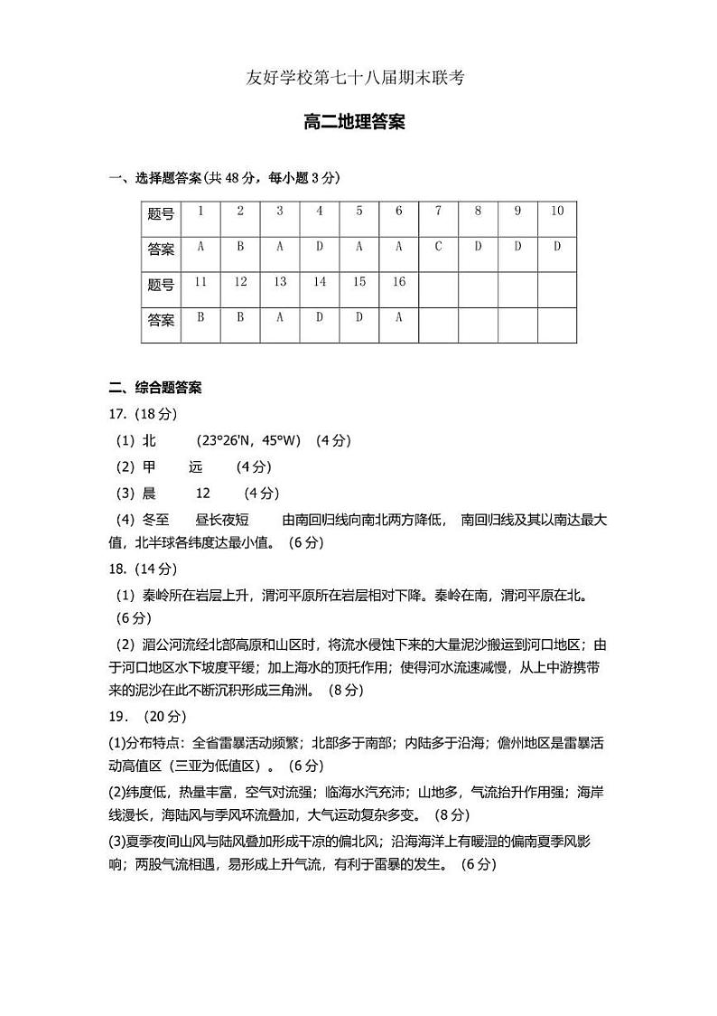 友好学校第七十八届期末联考高二地理试题及答案 高二地理答案第1页