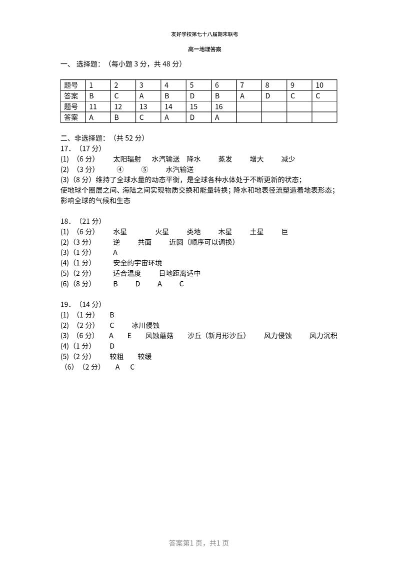 友好学校第七十八届期末联考高一地理试题及答案 高一地理答案第1页