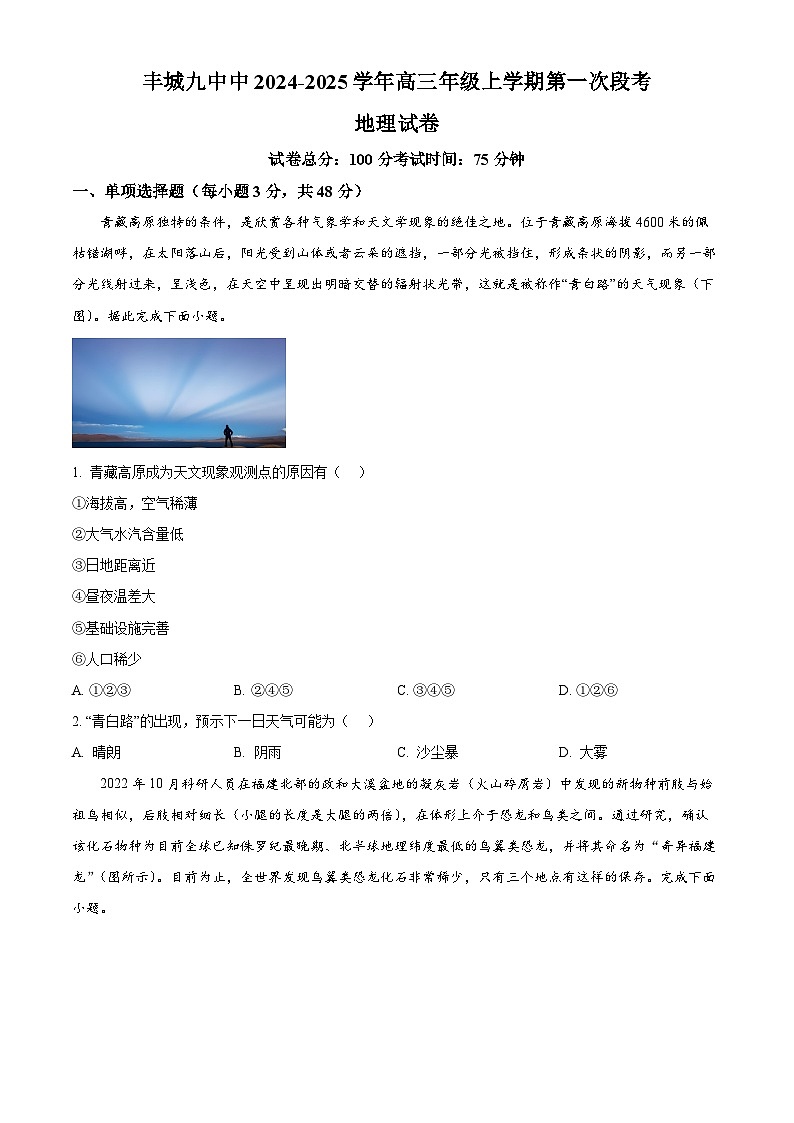 江西省宜春市丰城市第九中学2024-2025学年高三上学期第一次段考地理第1页