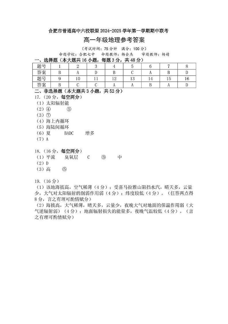 合肥六校联盟2024-2025学年第一学期期中联考高一年级地理.pdf 合肥六校联盟2024-2025学年第一学期期中联考高一年级地理答案.pdf第1页