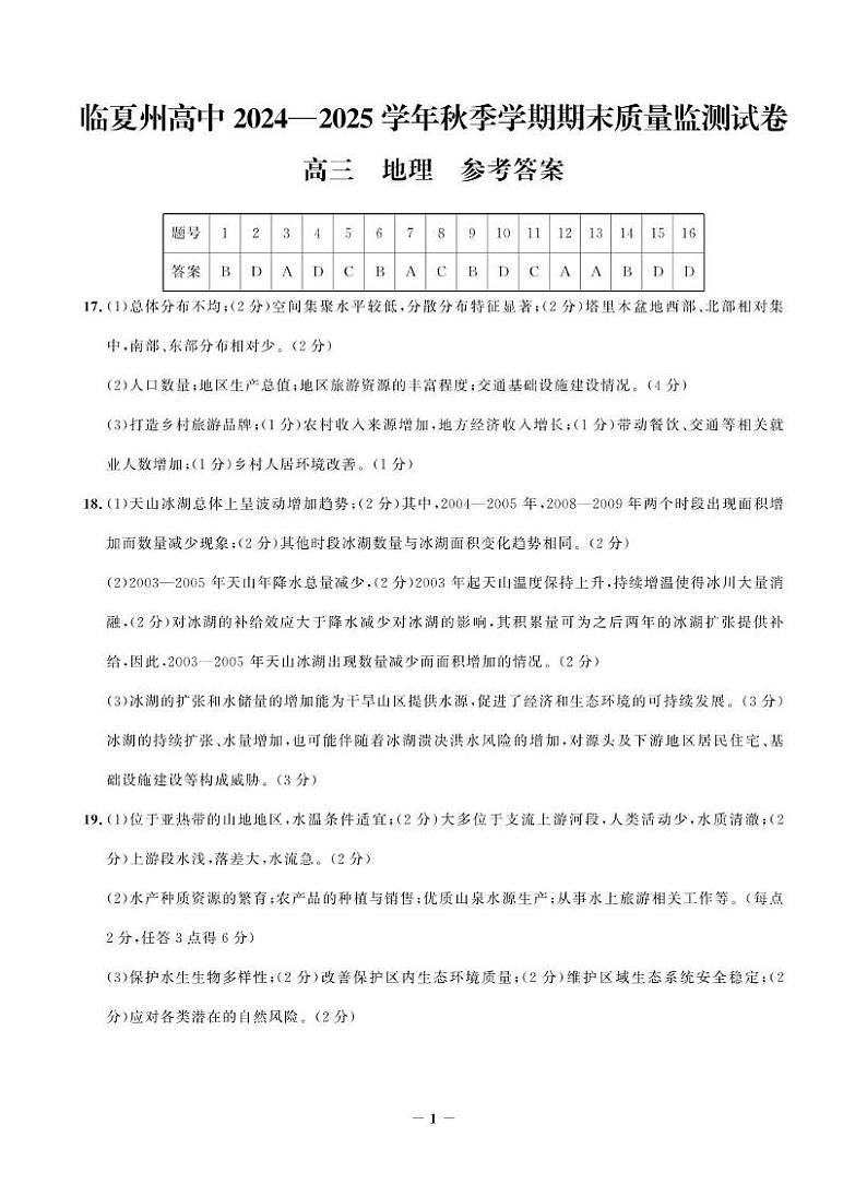 临夏州高中2024—2025 学年秋季学期期末质量监测试卷高三地理答案第1页