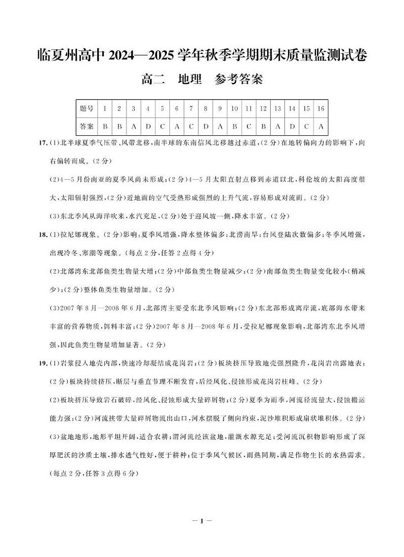 临夏州高中2024—2025 学年秋季学期期末质量监测试卷高二地理答案第1页