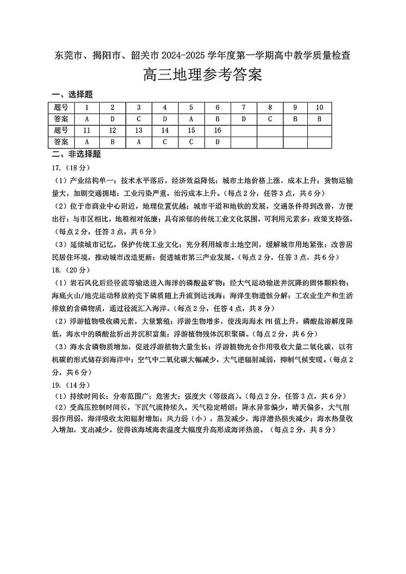 广东省（东莞、揭阳、韶关市）2025年高三上学期期末考试 地理试卷 （参考答案）第1页