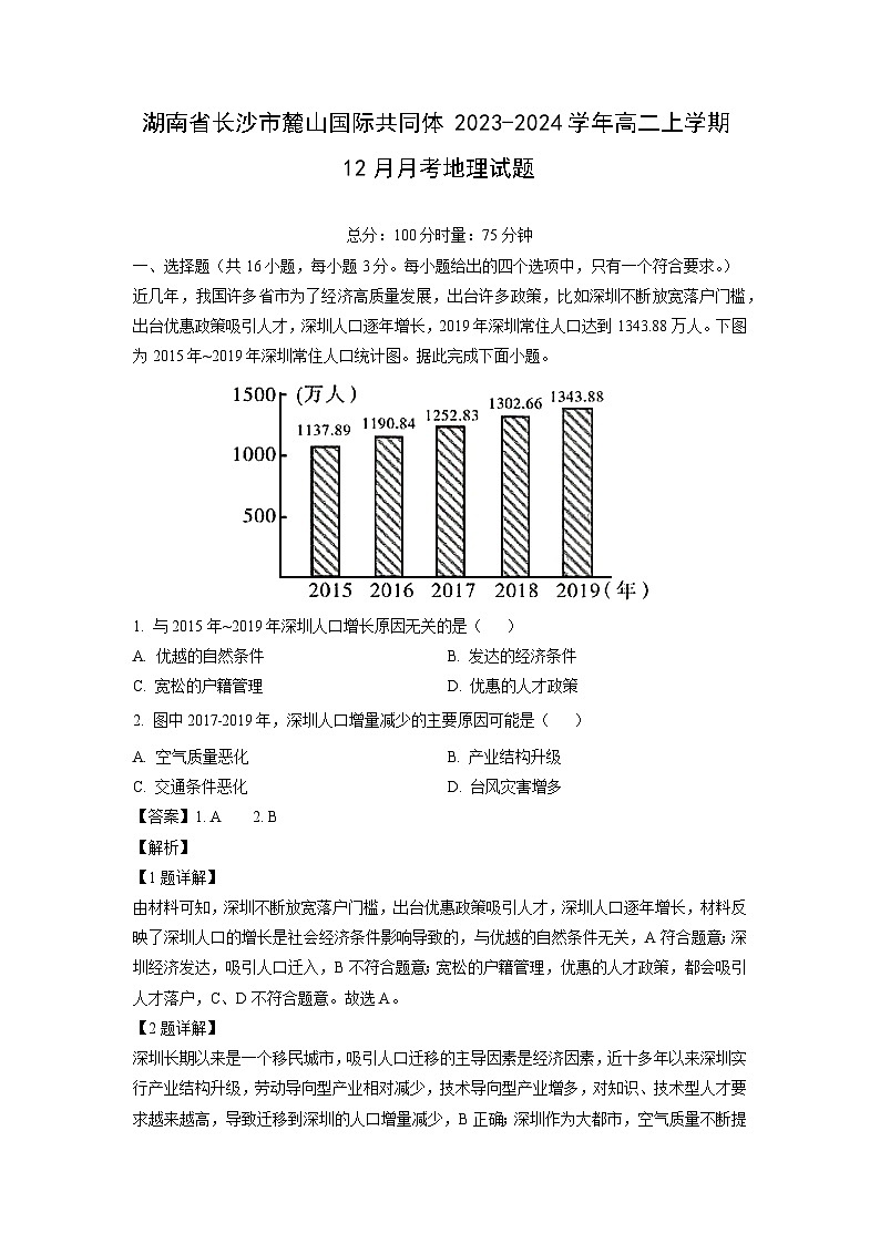 2023~2024学年湖南省长沙市麓山国际共同体高二上学期12月月考地理试卷（解析版）第1页