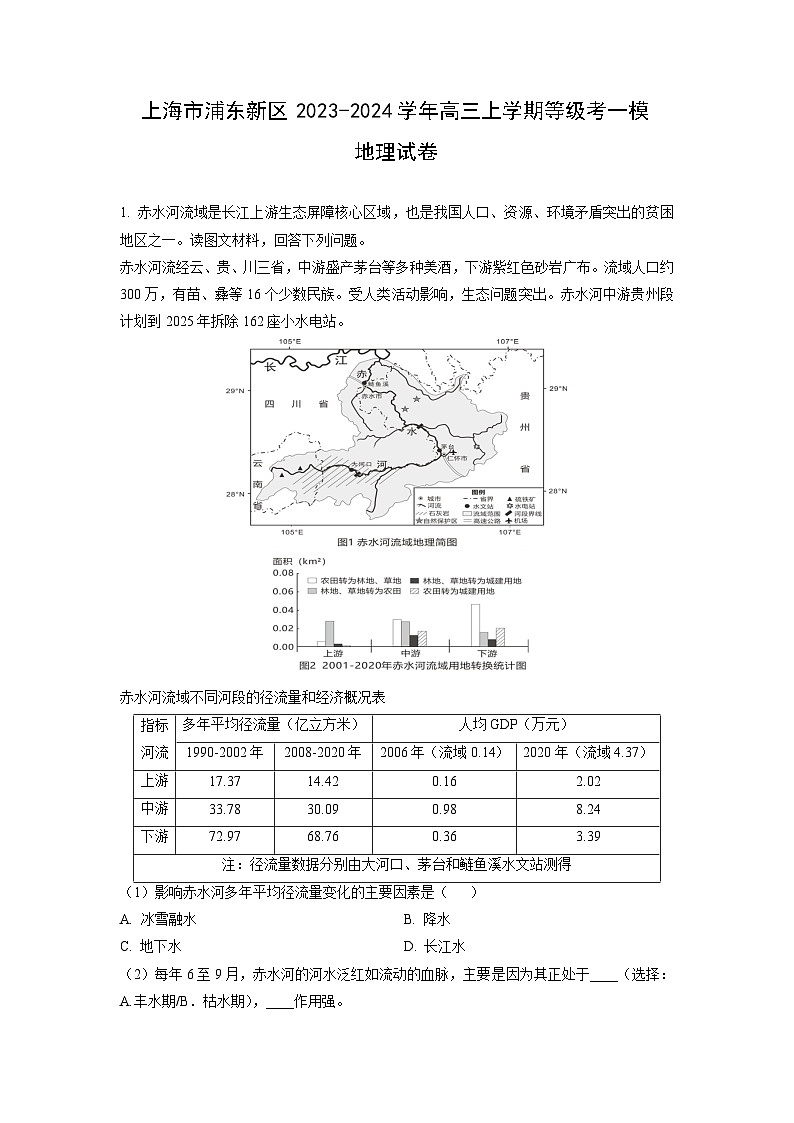 2023~2024学年上海市浦东新区高三上学期等级考一模地理试卷（解析版）第1页