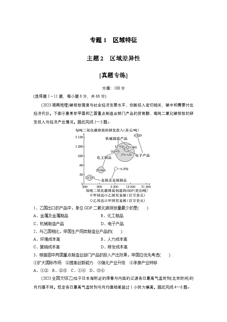第一部分　素养1　专题1　主题2　区域差异性--2025年高考地理大二轮专题复习（强化练习）第1页