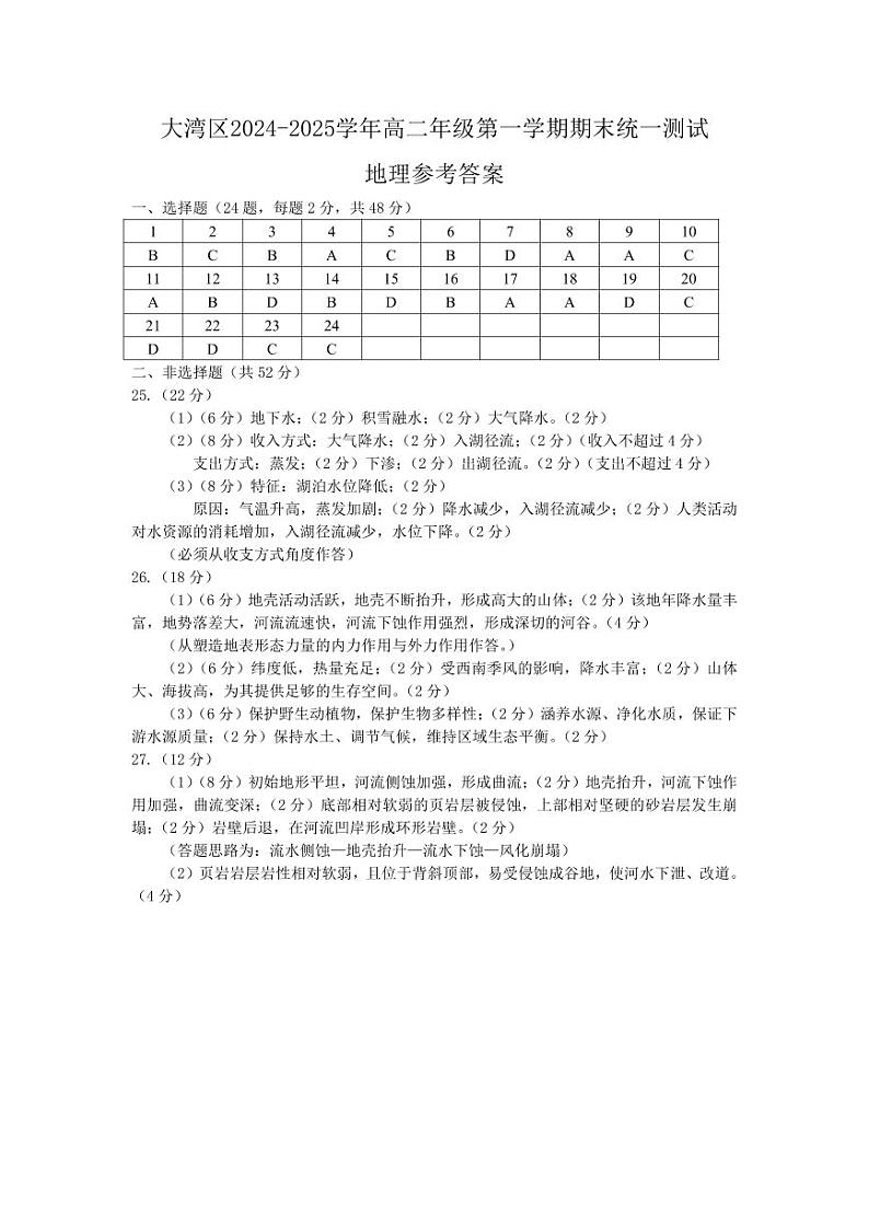 大湾区2024-2025学年高二年级第一学期期末统一测试地理答案第1页