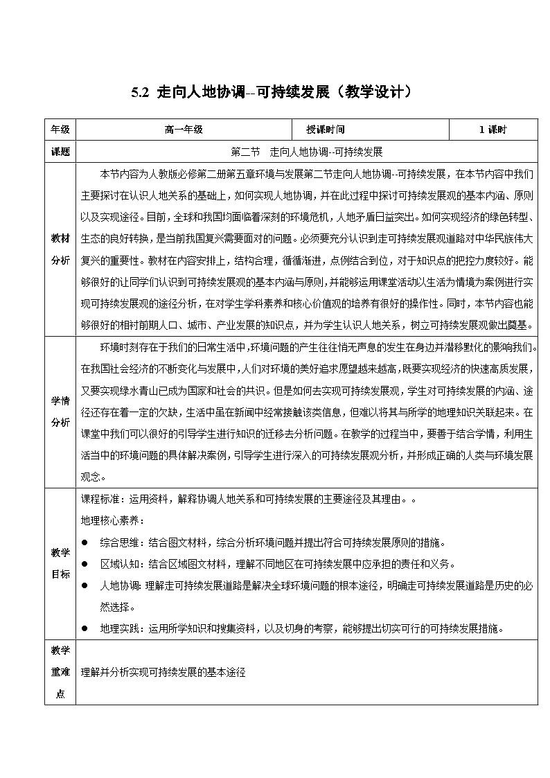 人教版（2019）高中地理必修第二册5.2《走向人地协调—可持续发展》（教学设计）第1页