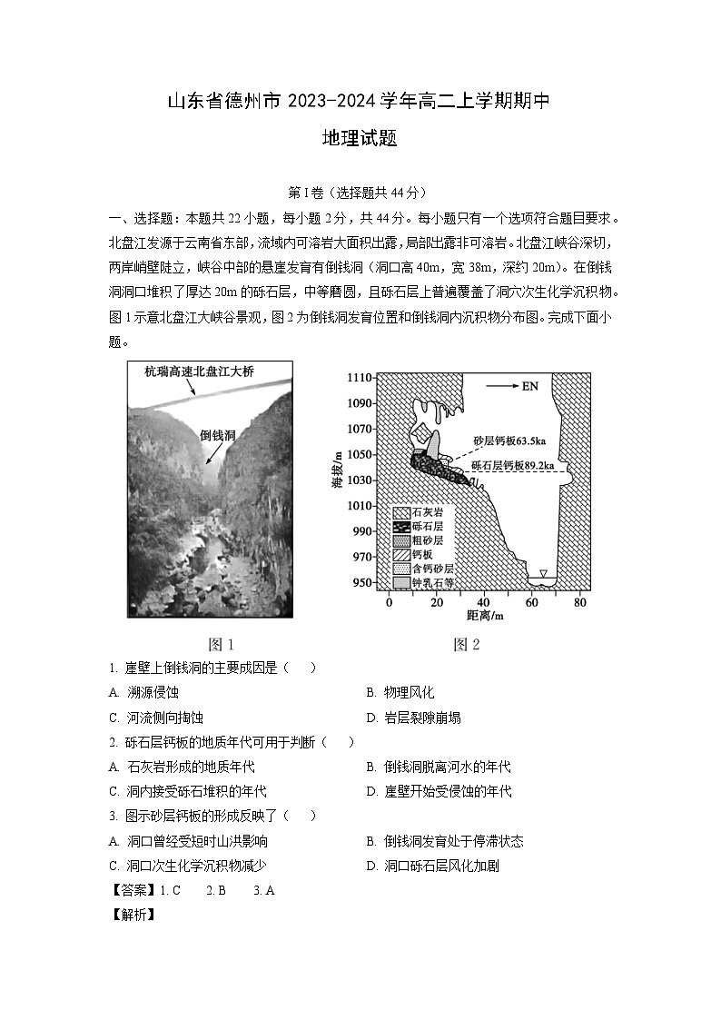2023-2024学年山东省德州市高二上学期期中地理试卷（解析版）第1页