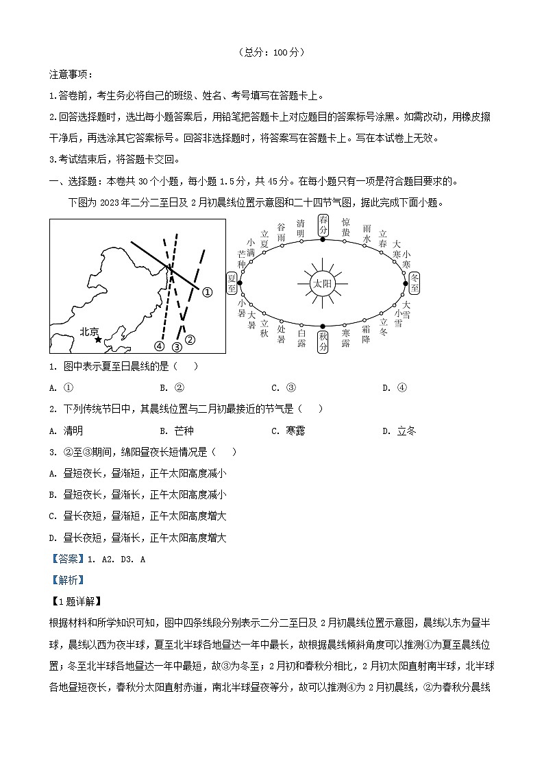 四川省绵阳市2023_2024学年高二地理上学期12月月考试题含解析第1页