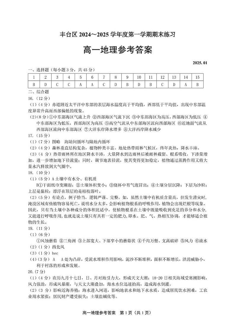 丰台区高一地理期末试题及参考答案 高一地理练习（参考答案）第1页