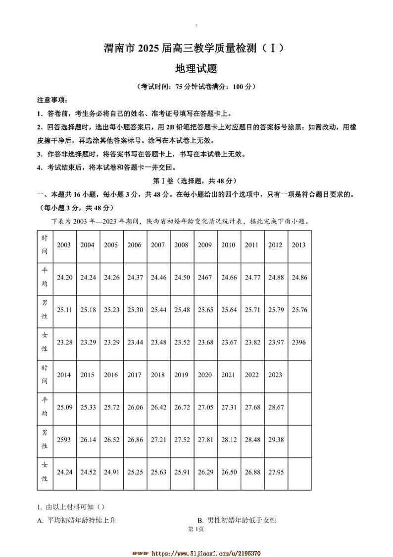 2025届陕西省渭南市高三上教学月考(Ⅰ)地理试卷(含答案)第1页
