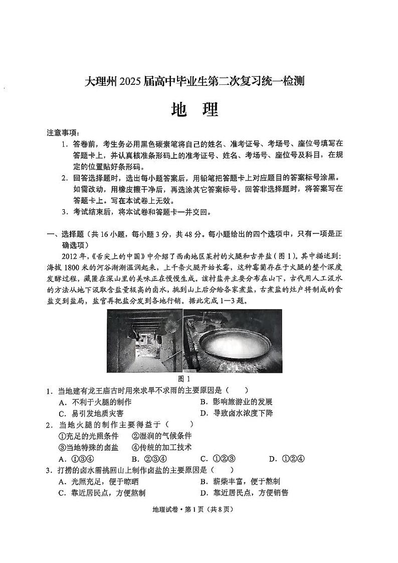 云南省大理州2025届高中高考第二轮专题复习统一检测地理+答案第1页