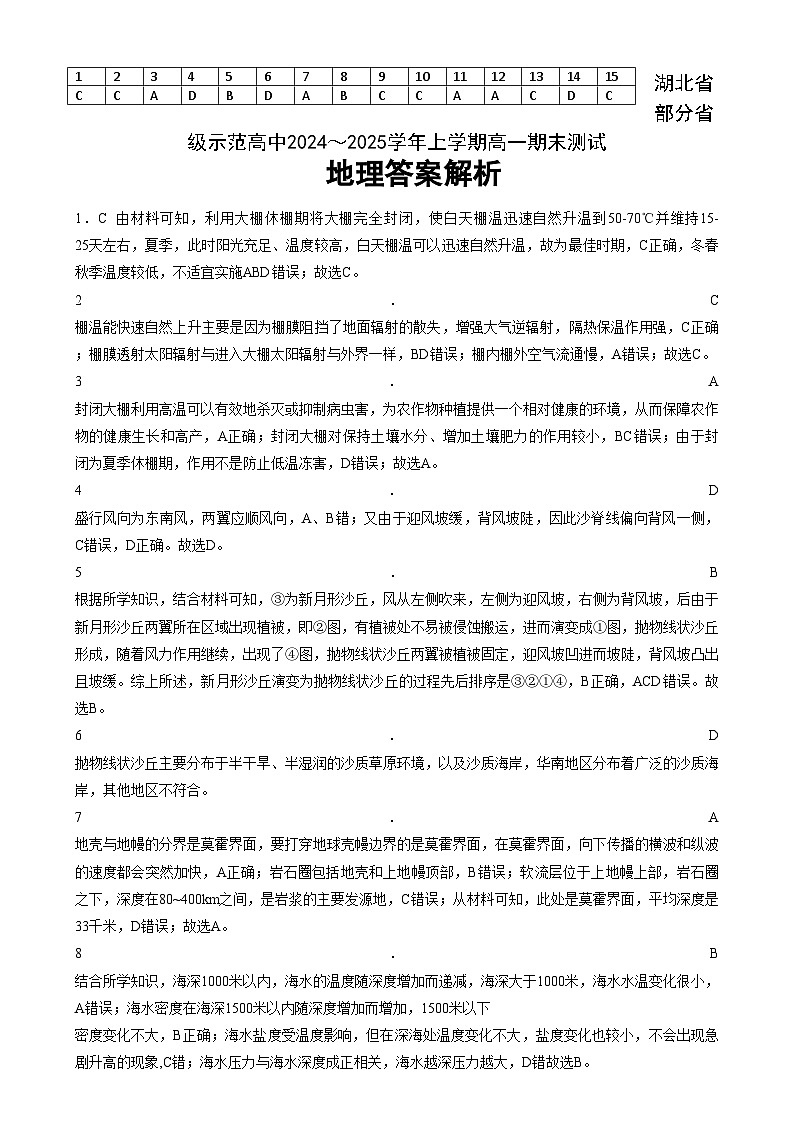 湖北省部分省级示范高中2024-2025学年高一上学期1月期末地理试题答案第1页
