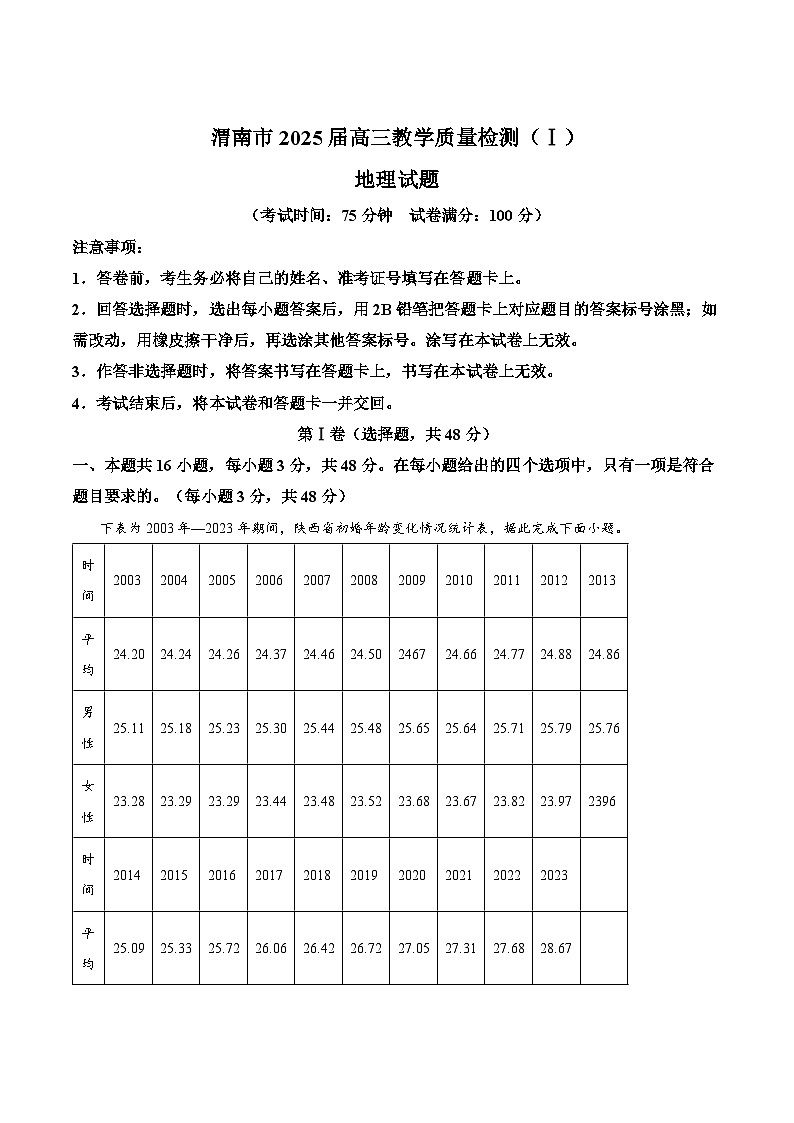 陕西省渭南市2025届高三上学期教学质量检测（Ⅰ）地理试卷（Word版附答案）第1页