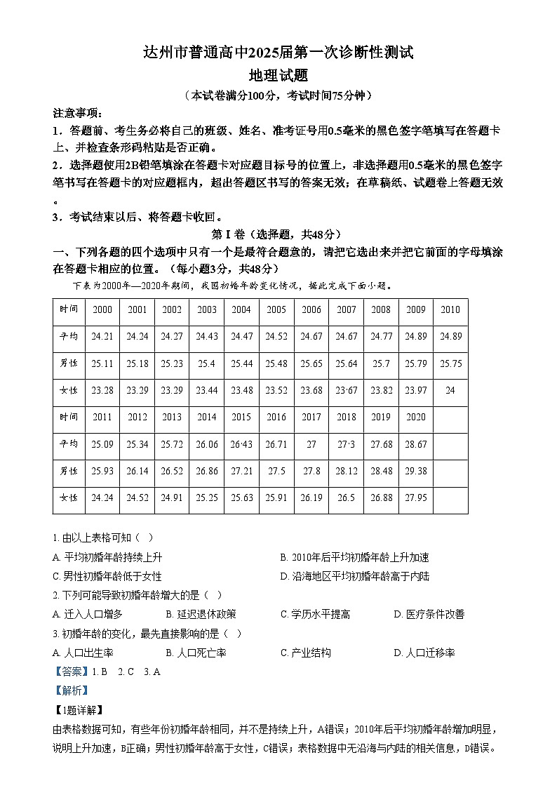 四川省达州市2024-2025学年高三上学期第一次诊断性测试地理试题   Word版含解析第1页