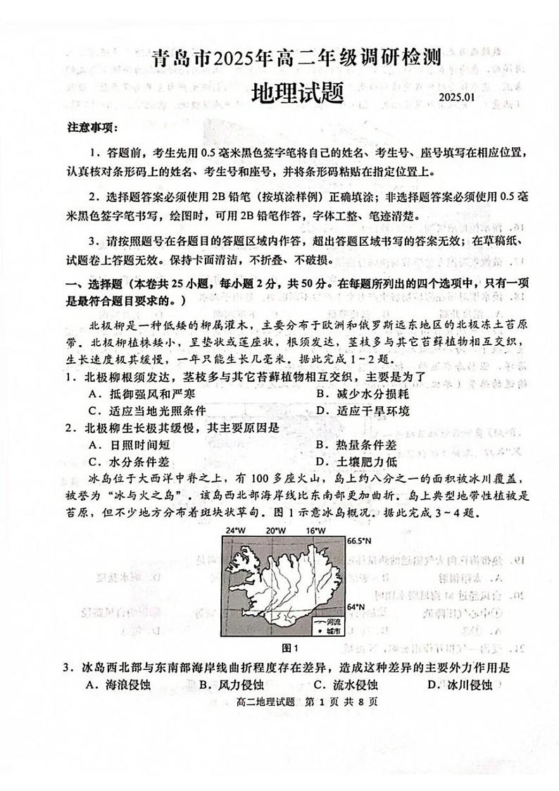 山东省青岛市2024-2025学年高二上学期期末考试地理试题第1页